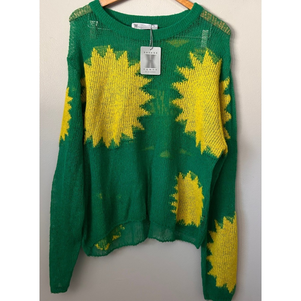 Savage X Fenty Rihanna Sweater Womens Large Green Yellow Sunburst Graphic NWT - Picture 1 of 6